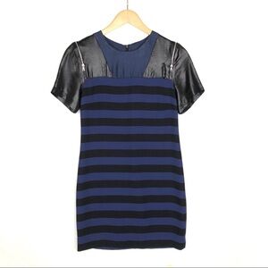 Sandro black navy blue stripe cocktail shift mini dress 1 XS satin